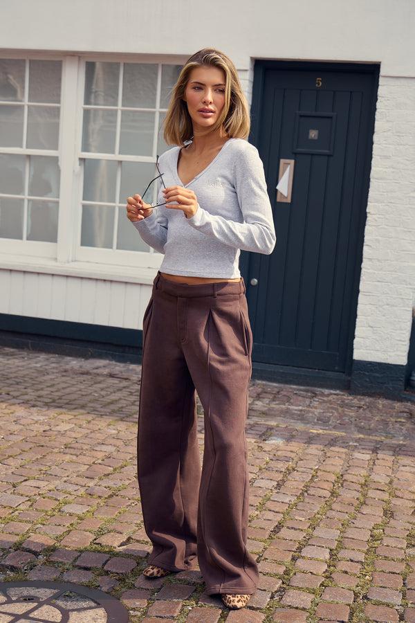 Kaiia Ribbed Henley Long Sleeve Baby Tee Grey Marl