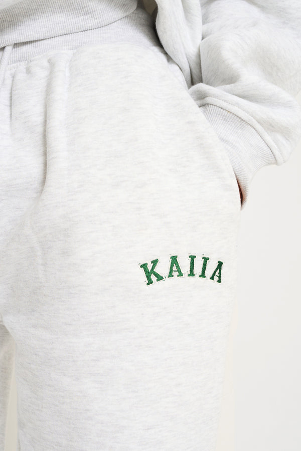 Kaiia Ribbed Waistband Wide Leg Joggers Light Grey Marl & Forest Green