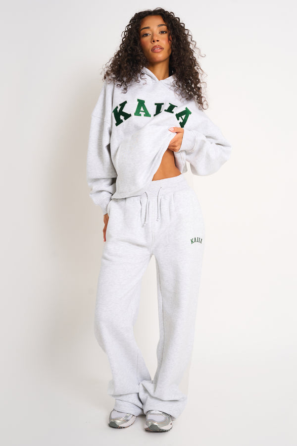 Kaiia Ribbed Waistband Wide Leg Joggers Light Grey Marl & Forest Green