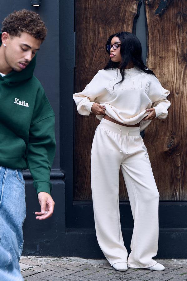 Kaiia Ribbed Waistband Wide Leg Joggers Warm Cream