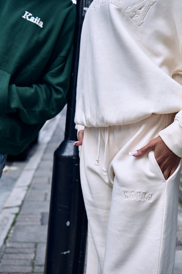 Kaiia Ribbed Waistband Wide Leg Joggers Warm Cream