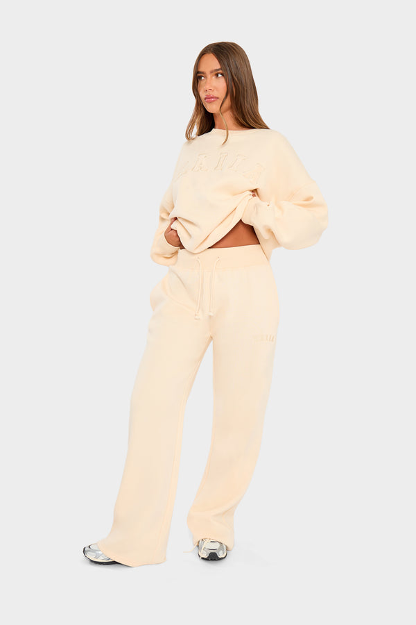 Kaiia Ribbed Waistband Wide Leg Joggers Warm Cream