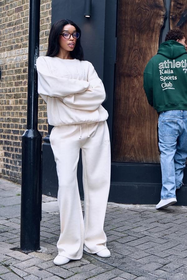 Kaiia Ribbed Waistband Wide Leg Joggers Warm Cream