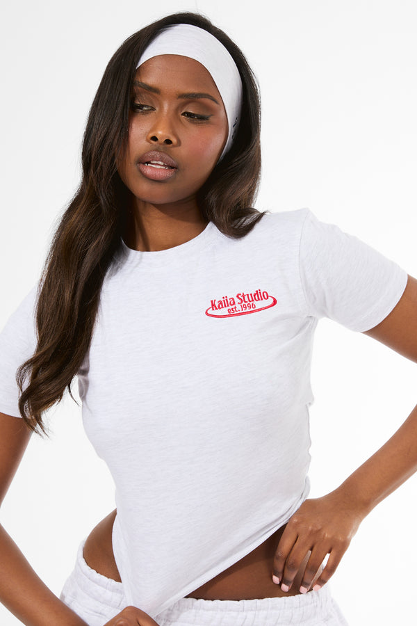 Kaiia Running Club Logo Longline Baby Tee Light Grey Marl