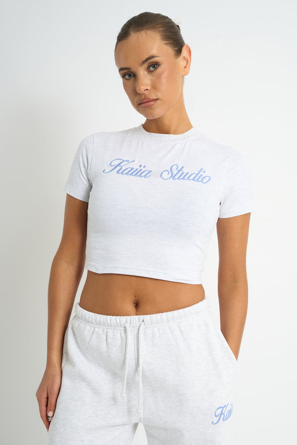 Kaiia Script Logo Baby Tee Light Grey Marl & Vintage Blue