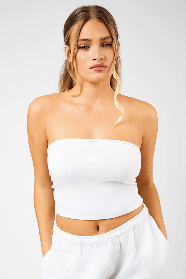 Kaiia Script Logo Bandeau Crop Top Light Grey Marl