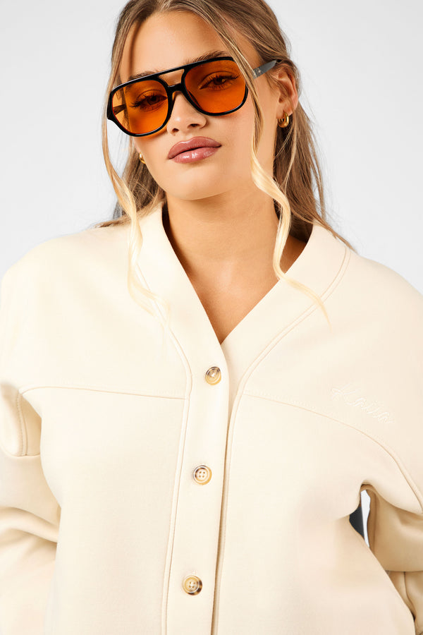Kaiia Script Logo Button Down Detail Sweat Cardigan Crème