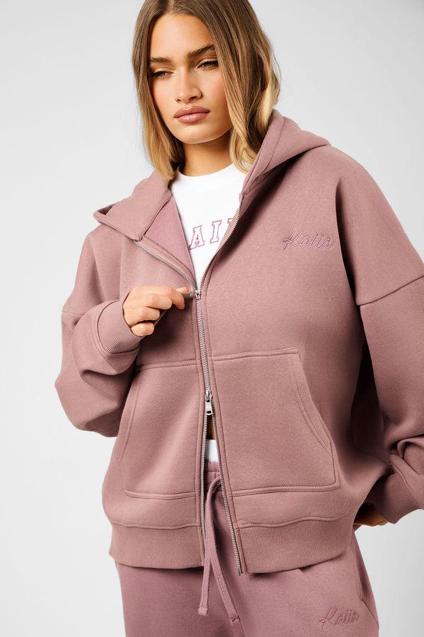 Kaiia Script Logo Double Ended Zip Through Oversized Hoodie Rosewood