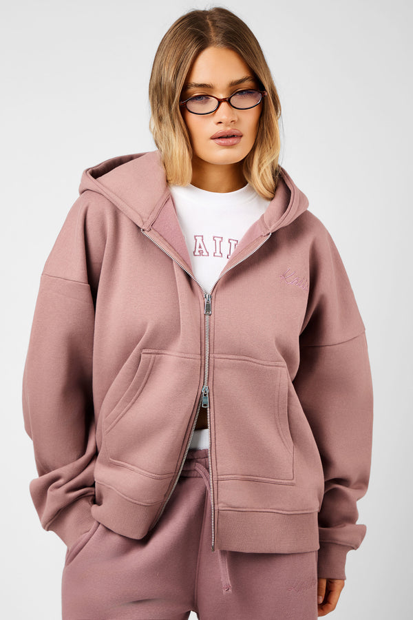 Kaiia Script Logo Double Ended Zip Through Oversized Hoodie Rosewood
