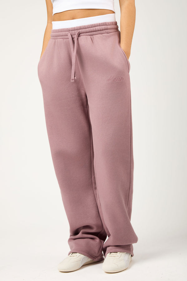 Kaiia Script Logo Exposed Waistband Wide Leg Joggers Rosewood