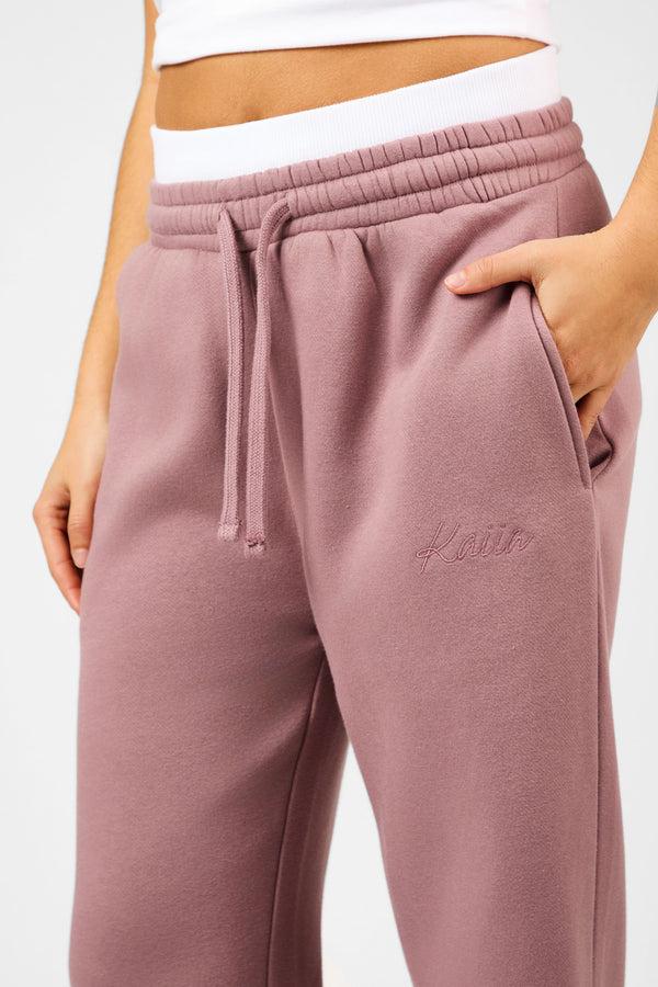 Kaiia Script Logo Exposed Waistband Wide Leg Joggers Rosewood