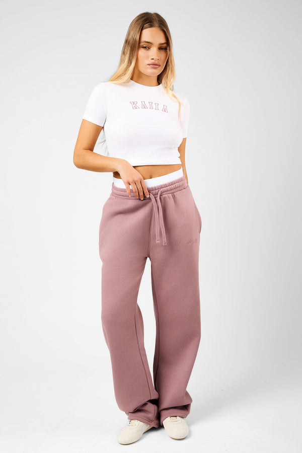 Kaiia Script Logo Exposed Waistband Wide Leg Joggers Rosewood