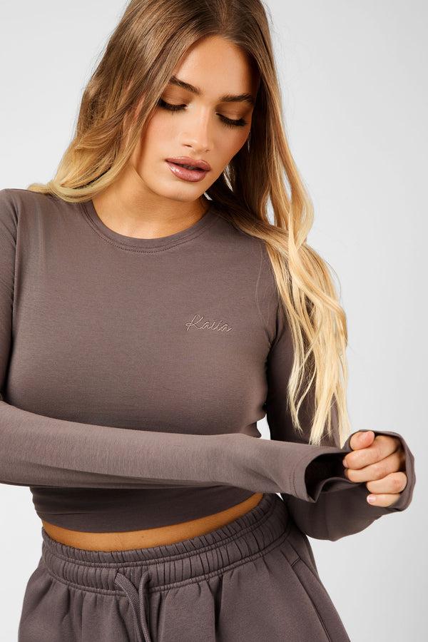 Kaiia Script Logo Long Sleeve Top Mink