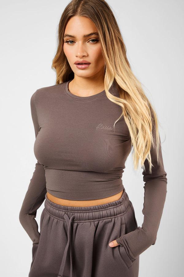 Kaiia Script Logo Long Sleeve Top Mink