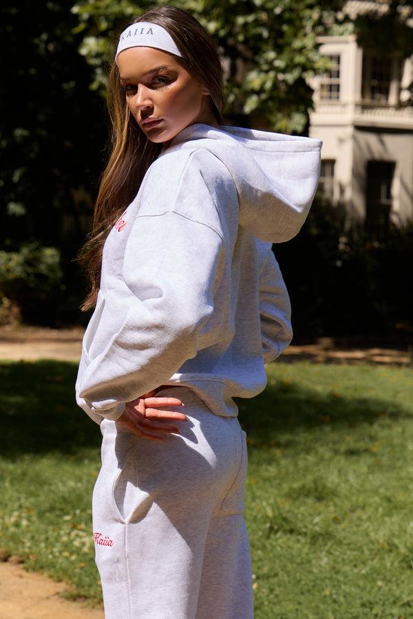 Kaiia Script Logo Oversized Hoodie Light Grey Marl & Red