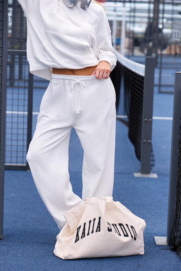 Kaiia Script Logo Wide Leg Joggers White