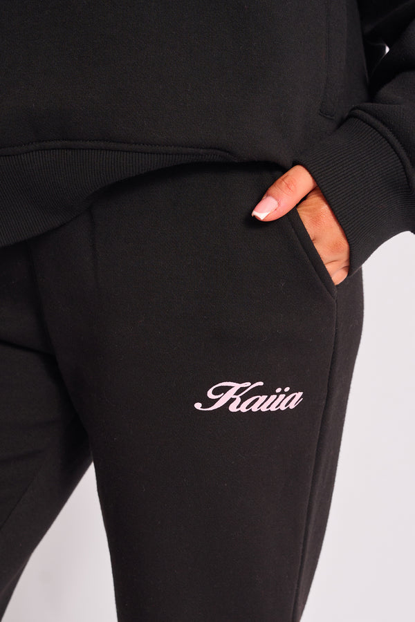 Kaiia Script Wide Leg Joggers Black & Pink