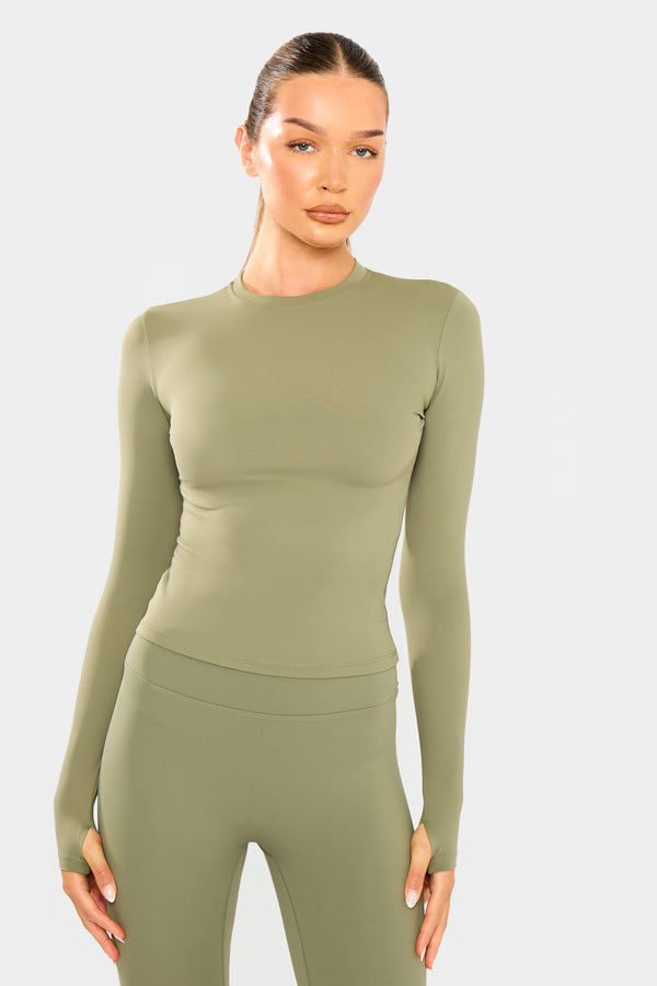 Kaiia Sculpt Long Sleeve Fitted T Shirt Khaki