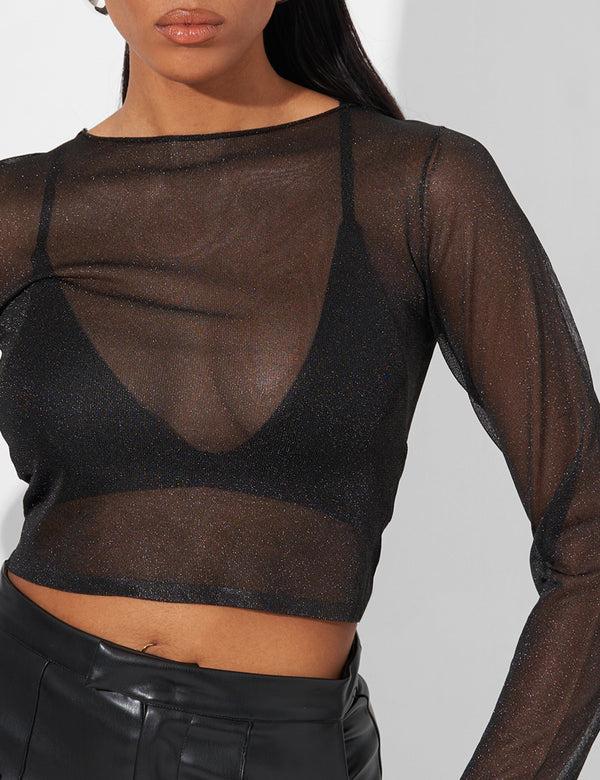 Kaiia Sheer Knit Top In Black Glitter