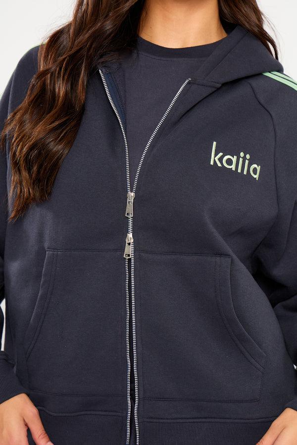 Kaiia Side Stripe Oversized Zip Through Hoodie Navy & Jade Green