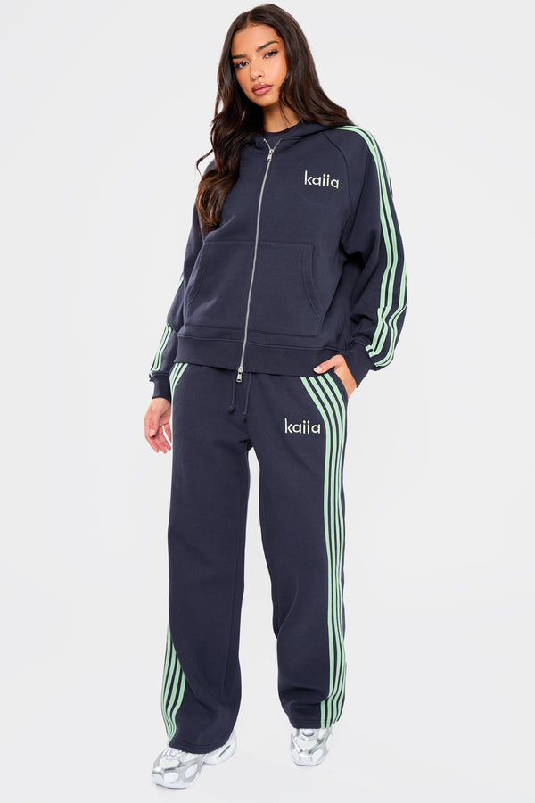Kaiia Side Stripe Oversized Zip Through Hoodie Navy & Jade Green