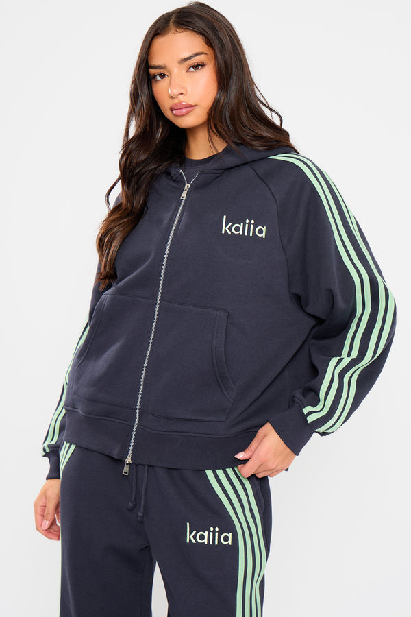 Kaiia Side Stripe Oversized Zip Through Hoodie Navy & Jade Green