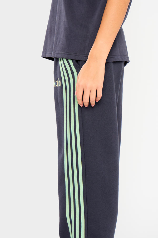 Kaiia Side Stripe Wide Leg Joggers Navy & Jade Green