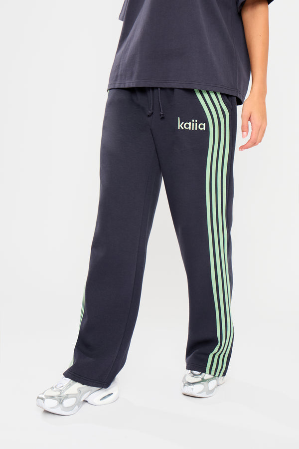 Kaiia Side Stripe Wide Leg Joggers Navy & Jade Green
