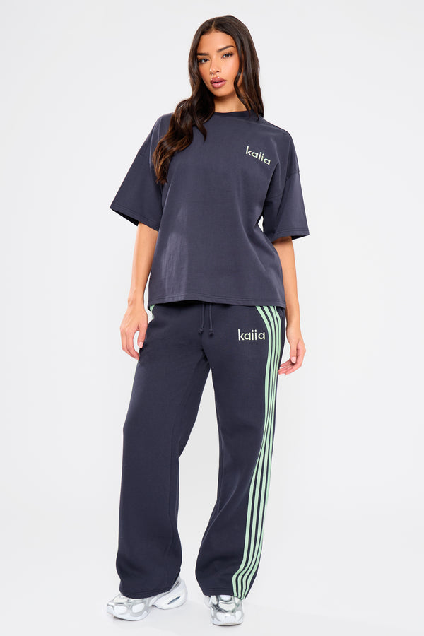 Kaiia Side Stripe Wide Leg Joggers Navy & Jade Green