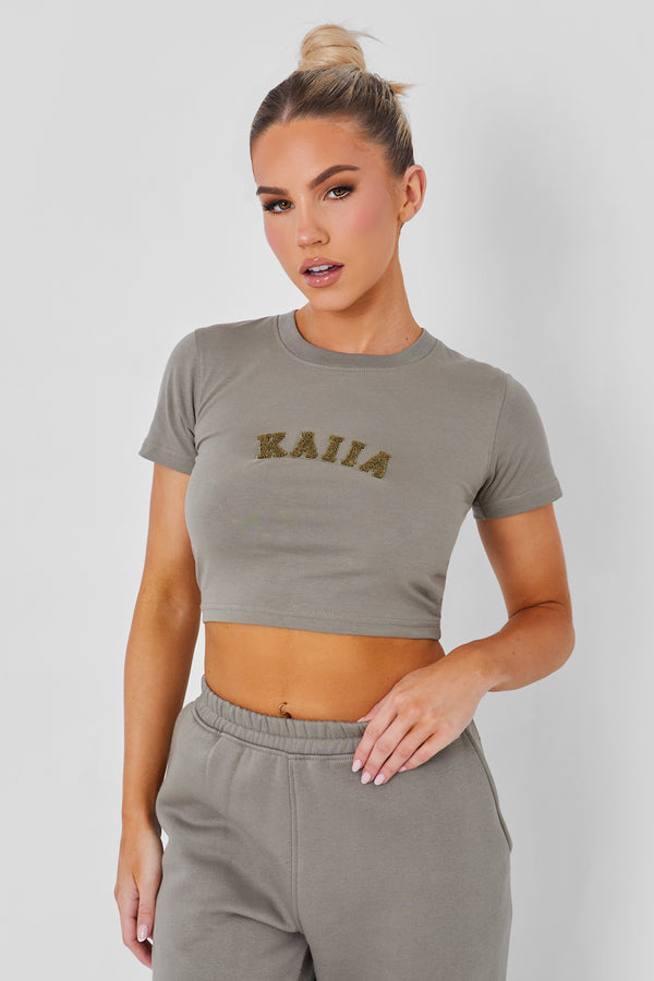 Kaiia Slogan Baby Tee Khaki