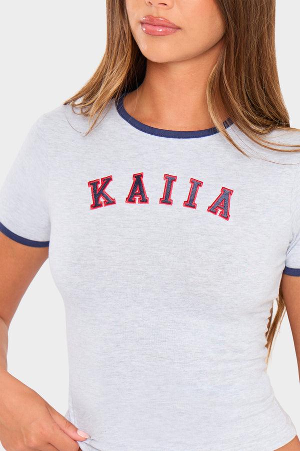Kaiia Slogan Baby Tee Light Grey Marl & Red