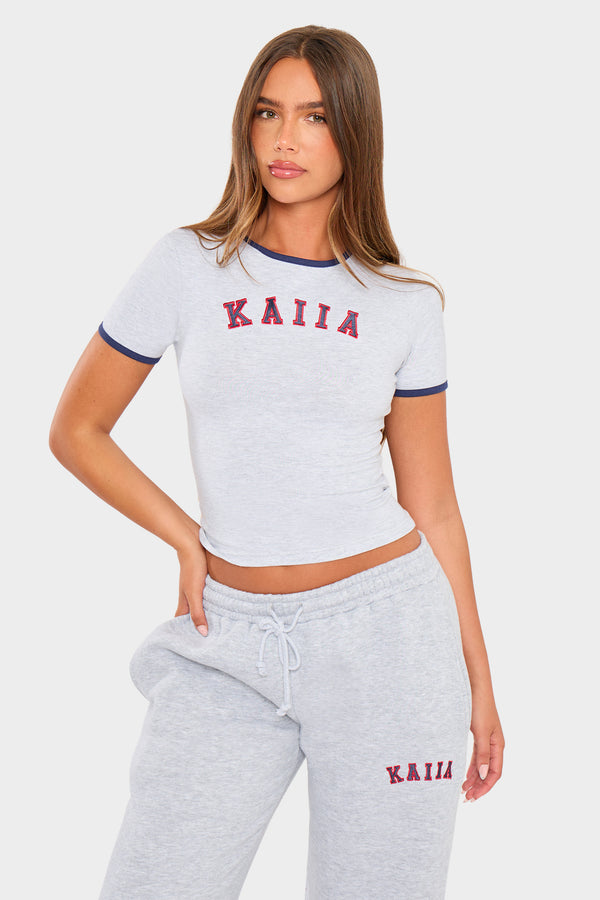 Kaiia Slogan Baby Tee Light Grey Marl & Red