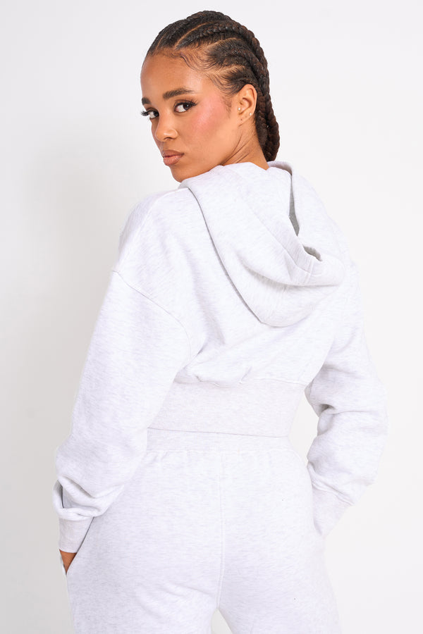Kaiia Slogan Cropped Zip Up Hoodie Light Grey Marl & White