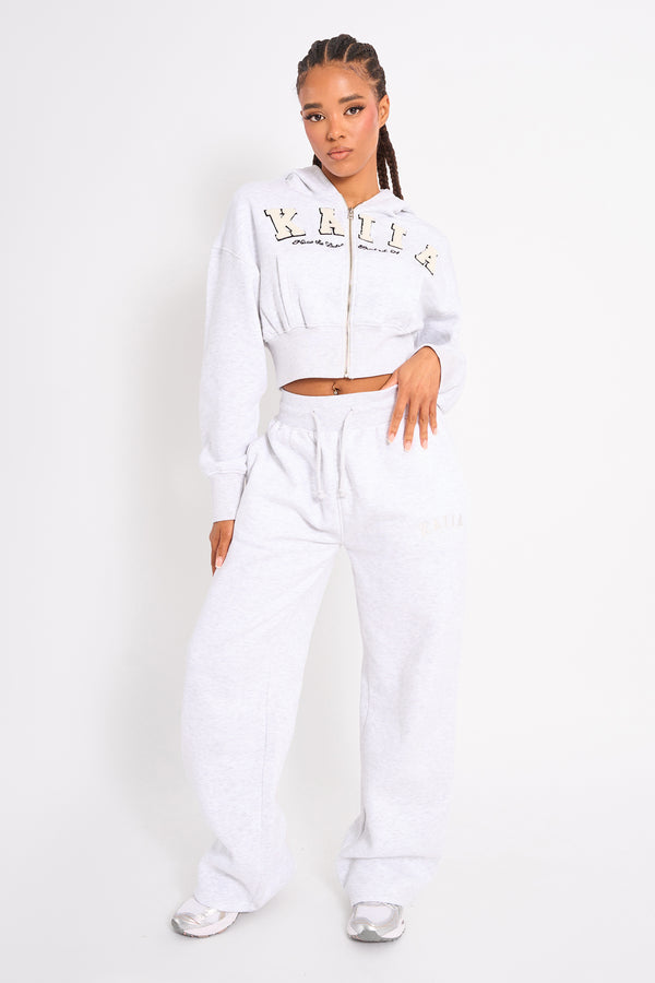 Kaiia Slogan Cropped Zip Up Hoodie Light Grey Marl & White