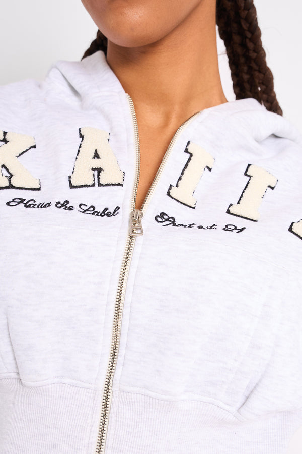 Kaiia Slogan Cropped Zip Up Hoodie Light Grey Marl & White