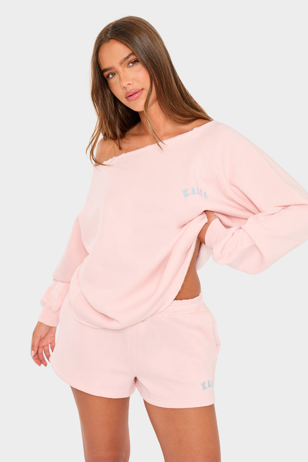 Kaiia Slogan Off The Shoulder Sweatshirt Baby Pink