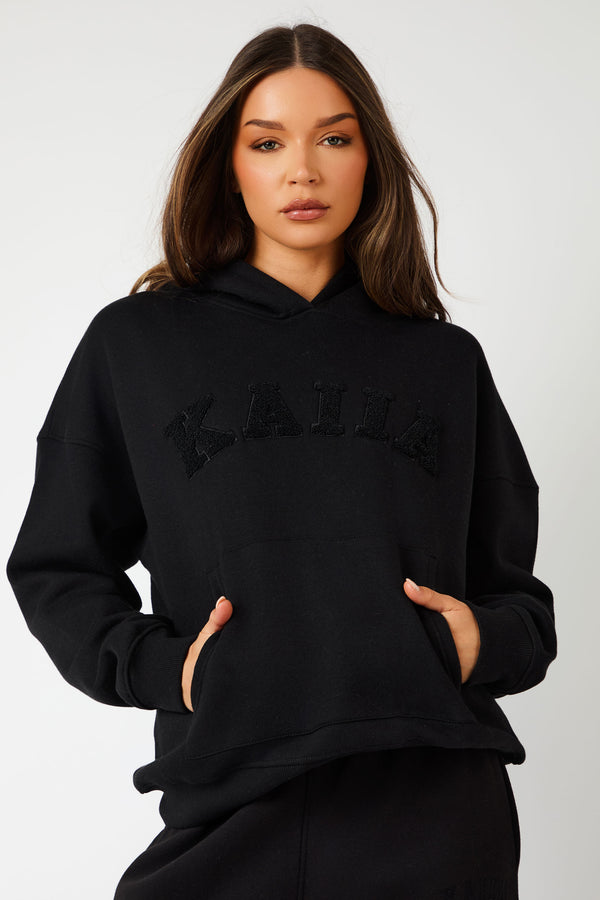Kaiia Slogan Oversized Hoodie Black On Black