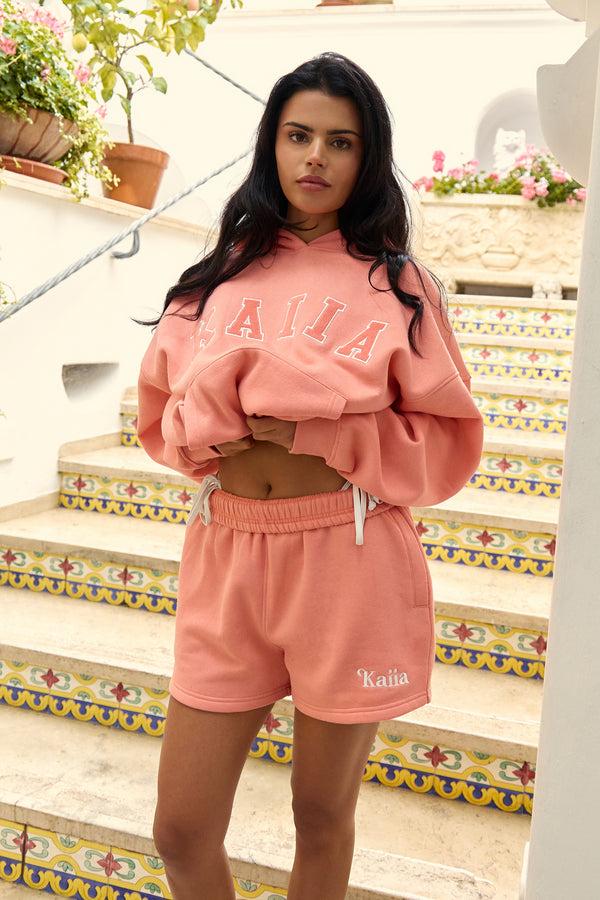 Kaiia Slogan Oversized Hoodie Bright Coral