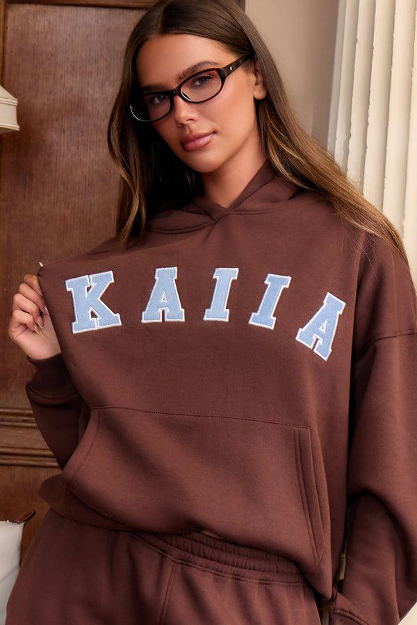 Kaiia Slogan Oversized Hoodie Brown & Light Blue