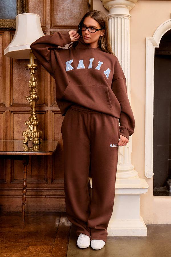 Kaiia Slogan Oversized Hoodie Brown & Light Blue