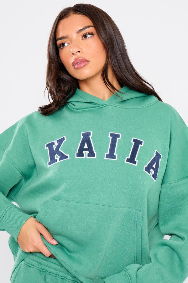 Kaiia Slogan Oversized Hoodie Jade Green & Navy
