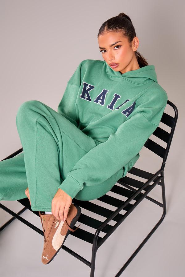 Kaiia Slogan Oversized Hoodie Jade Green & Navy