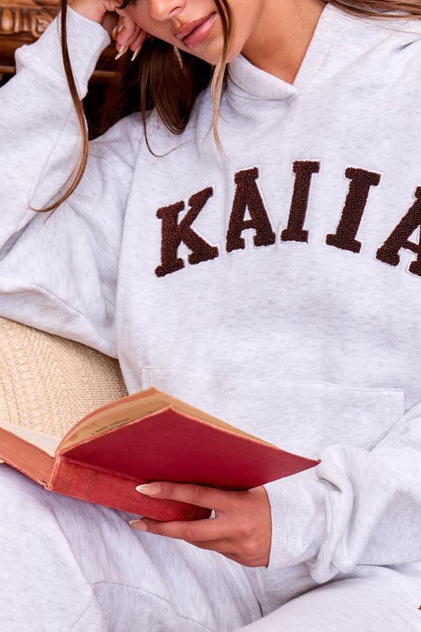 Kaiia Slogan Oversized Hoodie Light Grey Marl & Brown