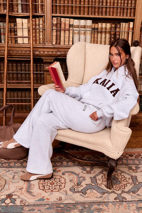 Kaiia Slogan Oversized Hoodie Light Grey Marl & Brown