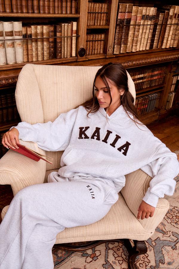 Kaiia Slogan Oversized Hoodie Light Grey Marl & Brown