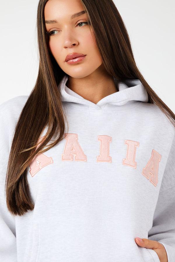 Kaiia Slogan Oversized Hoodie Light Grey Marl & Dusty Pink