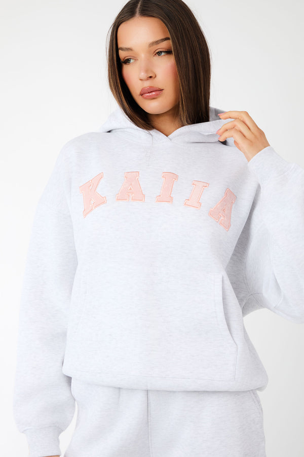 Kaiia Slogan Oversized Hoodie Light Grey Marl & Dusty Pink