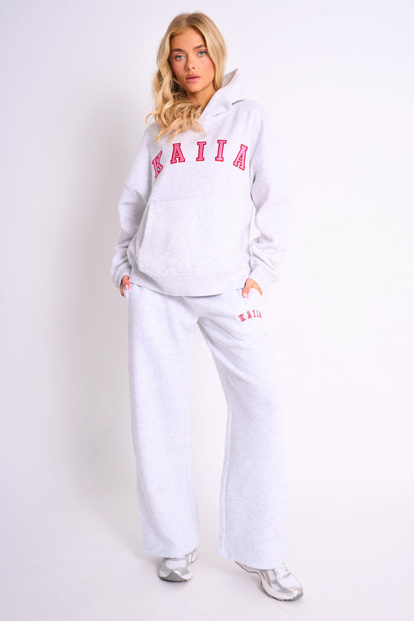 Kaiia Slogan Oversized Hoodie Light Grey Marl & Pink Contrast