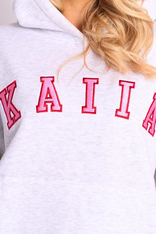 Kaiia Slogan Oversized Hoodie Light Grey Marl & Pink Contrast