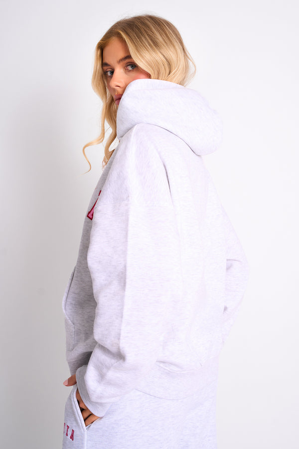 Kaiia Slogan Oversized Hoodie Light Grey Marl & Pink Contrast